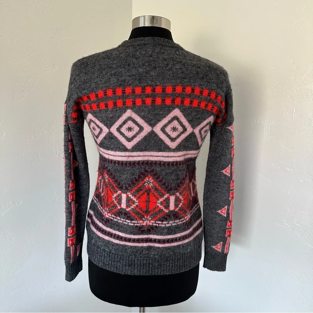J. Crew Nordic Fair Isle Wool Mohair Blend Gray and Red Sweater Size S